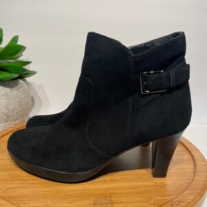 Blondo Black Suede Waterproof Ankle Boot 7.5M Buckle Block Heel Chic Moto Bootie